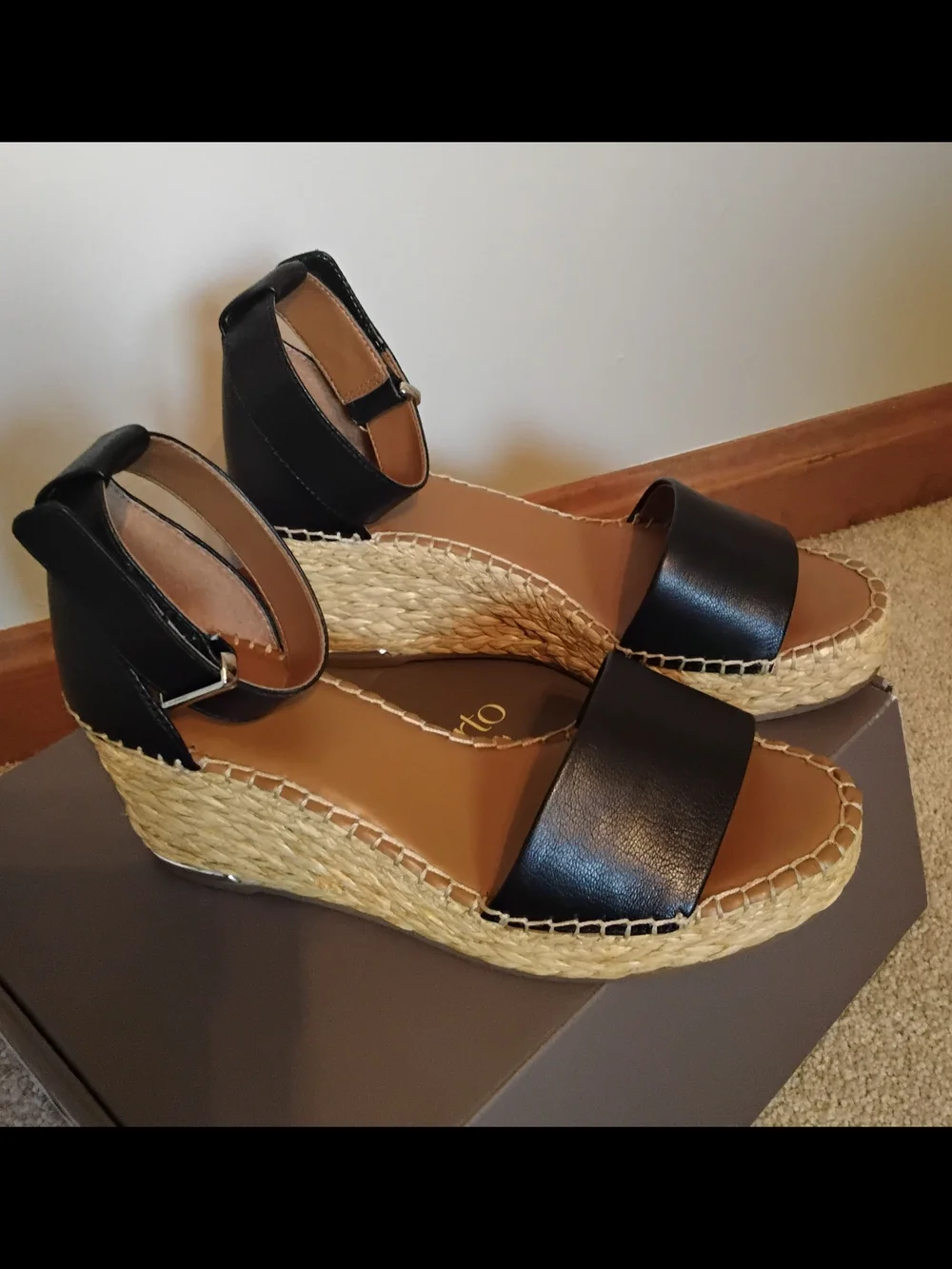 Franco Sarto Black Leather Espadrille Wedge Sandals with Ankle Strap, Size 9